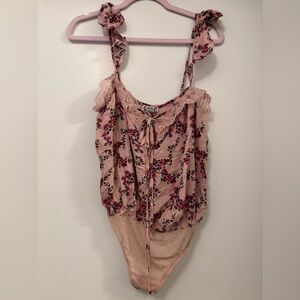 Free People Intimacy Floral Pink Bodysuit Lace Trim New Romantic cottage core M